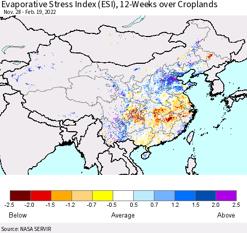 China, Mongolia and Taiwan Evaporative Stress Index (ESI), 12-Weeks over Croplands Thematic Map For 2/14/2022 - 2/20/2022