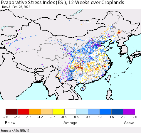 China, Mongolia and Taiwan Evaporative Stress Index (ESI), 12-Weeks over Croplands Thematic Map For 2/21/2022 - 2/27/2022