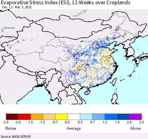 China, Mongolia and Taiwan Evaporative Stress Index (ESI), 12-Weeks over Croplands Thematic Map For 2/28/2022 - 3/6/2022