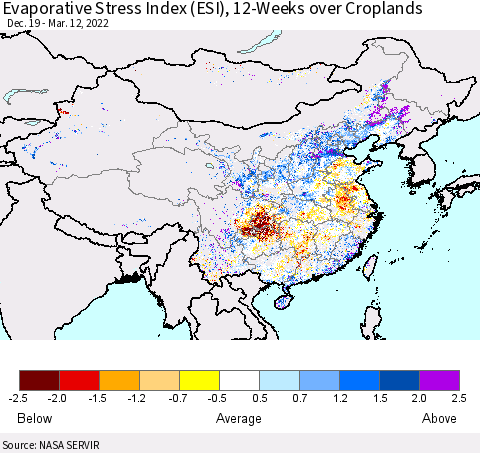 China, Mongolia and Taiwan Evaporative Stress Index (ESI), 12-Weeks over Croplands Thematic Map For 3/7/2022 - 3/13/2022
