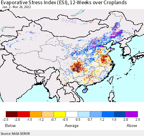China, Mongolia and Taiwan Evaporative Stress Index (ESI), 12-Weeks over Croplands Thematic Map For 3/21/2022 - 3/27/2022