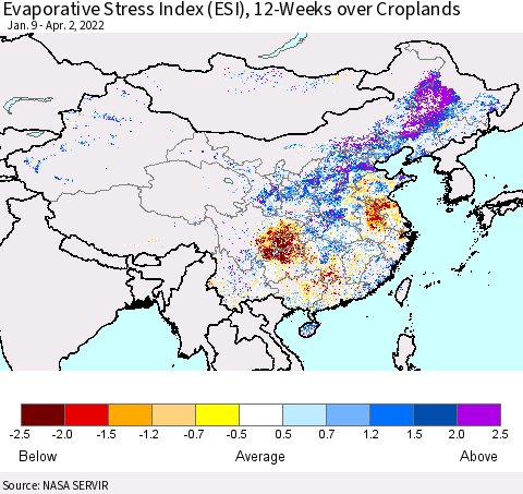 China, Mongolia and Taiwan Evaporative Stress Index (ESI), 12-Weeks over Croplands Thematic Map For 3/28/2022 - 4/3/2022