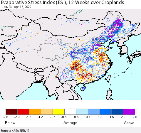 China, Mongolia and Taiwan Evaporative Stress Index (ESI), 12-Weeks over Croplands Thematic Map For 4/11/2022 - 4/17/2022