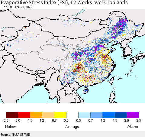 China, Mongolia and Taiwan Evaporative Stress Index (ESI), 12-Weeks over Croplands Thematic Map For 4/18/2022 - 4/24/2022