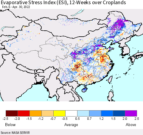 China, Mongolia and Taiwan Evaporative Stress Index (ESI), 12-Weeks over Croplands Thematic Map For 4/25/2022 - 5/1/2022