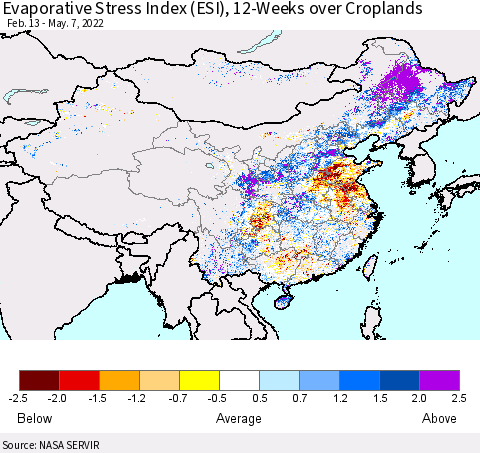 China, Mongolia and Taiwan Evaporative Stress Index (ESI), 12-Weeks over Croplands Thematic Map For 5/2/2022 - 5/8/2022