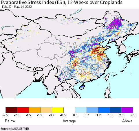 China, Mongolia and Taiwan Evaporative Stress Index (ESI), 12-Weeks over Croplands Thematic Map For 5/9/2022 - 5/15/2022