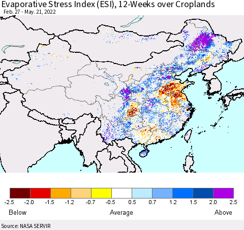 China, Mongolia and Taiwan Evaporative Stress Index (ESI), 12-Weeks over Croplands Thematic Map For 5/16/2022 - 5/22/2022