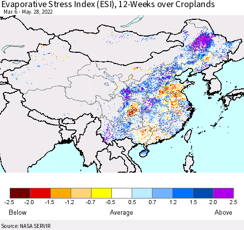 China, Mongolia and Taiwan Evaporative Stress Index (ESI), 12-Weeks over Croplands Thematic Map For 5/23/2022 - 5/29/2022