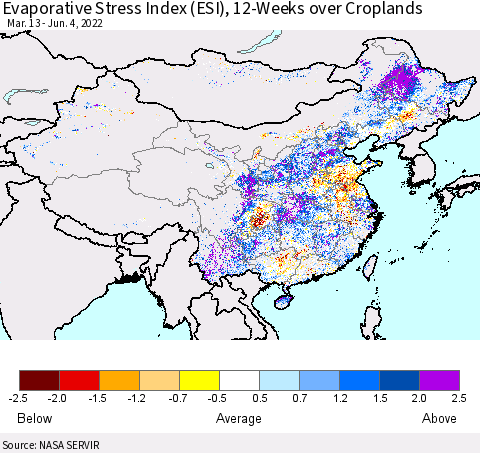 China, Mongolia and Taiwan Evaporative Stress Index (ESI), 12-Weeks over Croplands Thematic Map For 5/30/2022 - 6/5/2022