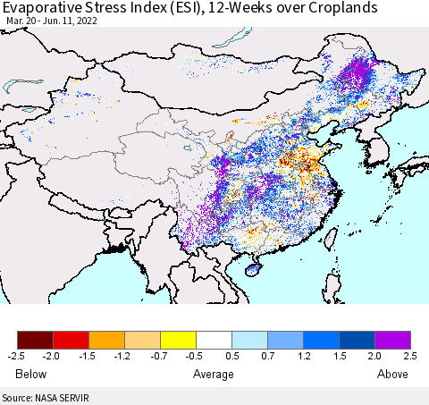 China, Mongolia and Taiwan Evaporative Stress Index (ESI), 12-Weeks over Croplands Thematic Map For 6/6/2022 - 6/12/2022