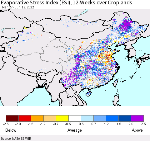 China, Mongolia and Taiwan Evaporative Stress Index (ESI), 12-Weeks over Croplands Thematic Map For 6/13/2022 - 6/19/2022