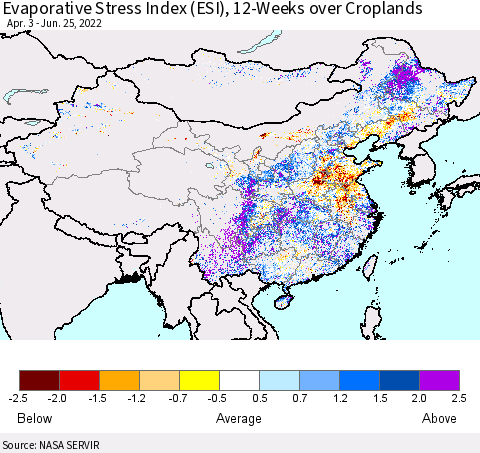 China, Mongolia and Taiwan Evaporative Stress Index (ESI), 12-Weeks over Croplands Thematic Map For 6/20/2022 - 6/26/2022