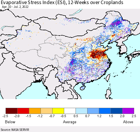 China, Mongolia and Taiwan Evaporative Stress Index (ESI), 12-Weeks over Croplands Thematic Map For 6/27/2022 - 7/3/2022