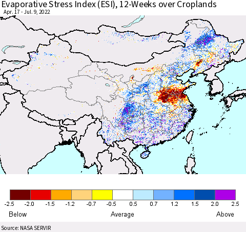 China, Mongolia and Taiwan Evaporative Stress Index (ESI), 12-Weeks over Croplands Thematic Map For 7/4/2022 - 7/10/2022