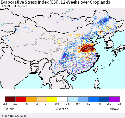 China, Mongolia and Taiwan Evaporative Stress Index (ESI), 12-Weeks over Croplands Thematic Map For 7/11/2022 - 7/17/2022