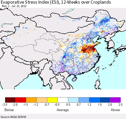 China, Mongolia and Taiwan Evaporative Stress Index (ESI), 12-Weeks over Croplands Thematic Map For 7/18/2022 - 7/24/2022