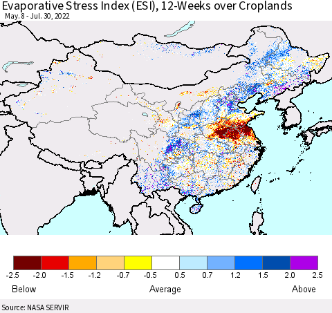 China, Mongolia and Taiwan Evaporative Stress Index (ESI), 12-Weeks over Croplands Thematic Map For 7/25/2022 - 7/31/2022