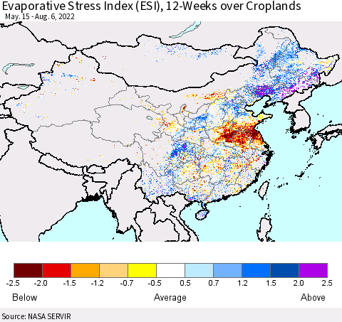 China, Mongolia and Taiwan Evaporative Stress Index (ESI), 12-Weeks over Croplands Thematic Map For 8/1/2022 - 8/7/2022