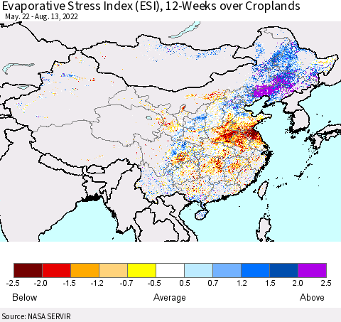 China, Mongolia and Taiwan Evaporative Stress Index (ESI), 12-Weeks over Croplands Thematic Map For 8/8/2022 - 8/14/2022