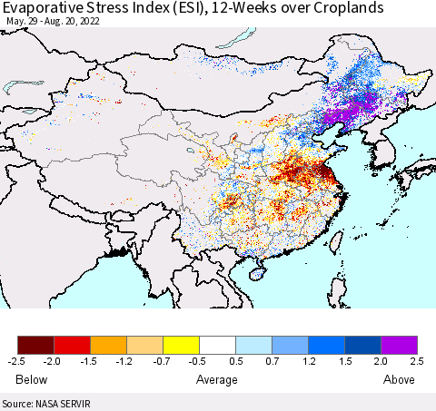 China, Mongolia and Taiwan Evaporative Stress Index (ESI), 12-Weeks over Croplands Thematic Map For 8/15/2022 - 8/21/2022