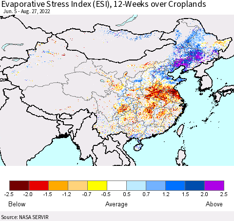 China, Mongolia and Taiwan Evaporative Stress Index (ESI), 12-Weeks over Croplands Thematic Map For 8/22/2022 - 8/28/2022