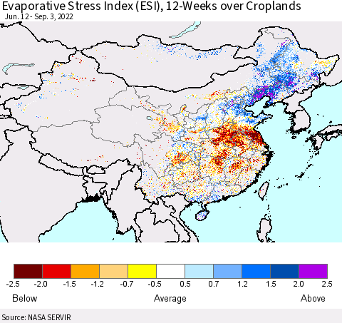 China, Mongolia and Taiwan Evaporative Stress Index (ESI), 12-Weeks over Croplands Thematic Map For 8/29/2022 - 9/4/2022