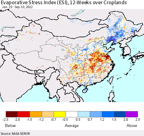 China, Mongolia and Taiwan Evaporative Stress Index (ESI), 12-Weeks over Croplands Thematic Map For 9/5/2022 - 9/11/2022
