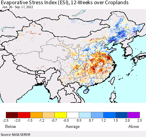 China, Mongolia and Taiwan Evaporative Stress Index (ESI), 12-Weeks over Croplands Thematic Map For 9/12/2022 - 9/18/2022