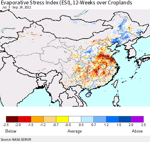 China, Mongolia and Taiwan Evaporative Stress Index (ESI), 12-Weeks over Croplands Thematic Map For 9/19/2022 - 9/25/2022