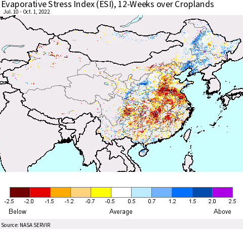 China, Mongolia and Taiwan Evaporative Stress Index (ESI), 12-Weeks over Croplands Thematic Map For 9/26/2022 - 10/2/2022