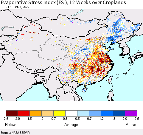 China, Mongolia and Taiwan Evaporative Stress Index (ESI), 12-Weeks over Croplands Thematic Map For 10/3/2022 - 10/9/2022