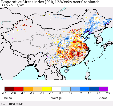 China, Mongolia and Taiwan Evaporative Stress Index (ESI), 12-Weeks over Croplands Thematic Map For 10/10/2022 - 10/16/2022