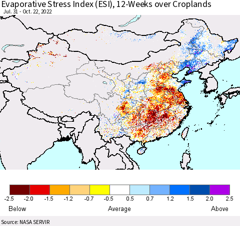 China, Mongolia and Taiwan Evaporative Stress Index (ESI), 12-Weeks over Croplands Thematic Map For 10/17/2022 - 10/23/2022