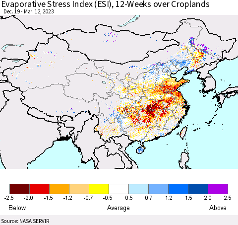 China, Mongolia and Taiwan Evaporative Stress Index (ESI), 12-Weeks over Croplands Thematic Map For 3/6/2023 - 3/12/2023