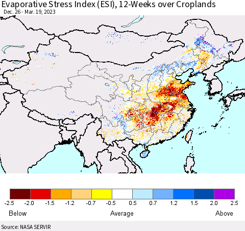 China, Mongolia and Taiwan Evaporative Stress Index (ESI), 12-Weeks over Croplands Thematic Map For 3/13/2023 - 3/19/2023