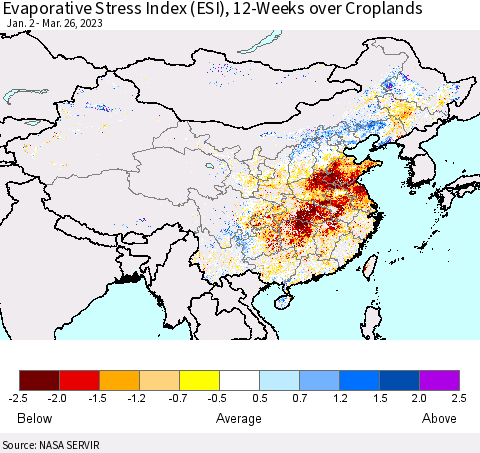 China, Mongolia and Taiwan Evaporative Stress Index (ESI), 12-Weeks over Croplands Thematic Map For 3/20/2023 - 3/26/2023