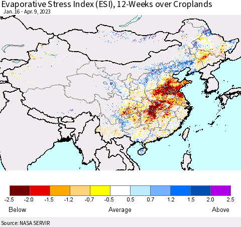 China, Mongolia and Taiwan Evaporative Stress Index (ESI), 12-Weeks over Croplands Thematic Map For 4/3/2023 - 4/9/2023
