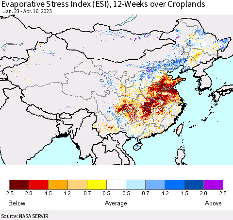China, Mongolia and Taiwan Evaporative Stress Index (ESI), 12-Weeks over Croplands Thematic Map For 4/10/2023 - 4/16/2023
