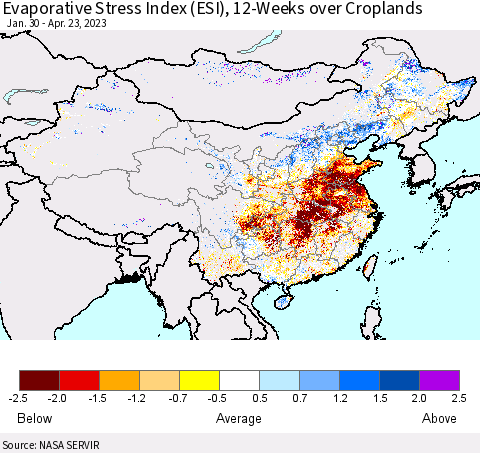 China, Mongolia and Taiwan Evaporative Stress Index (ESI), 12-Weeks over Croplands Thematic Map For 4/17/2023 - 4/23/2023