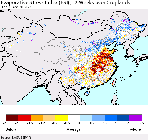 China, Mongolia and Taiwan Evaporative Stress Index (ESI), 12-Weeks over Croplands Thematic Map For 4/24/2023 - 4/30/2023