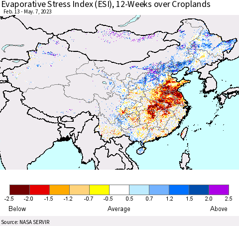 China, Mongolia and Taiwan Evaporative Stress Index (ESI), 12-Weeks over Croplands Thematic Map For 5/1/2023 - 5/7/2023