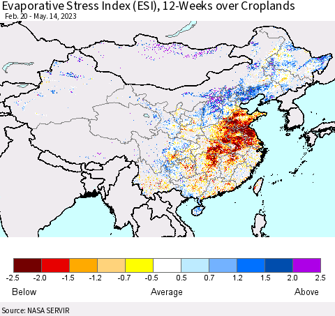 China, Mongolia and Taiwan Evaporative Stress Index (ESI), 12-Weeks over Croplands Thematic Map For 5/8/2023 - 5/14/2023