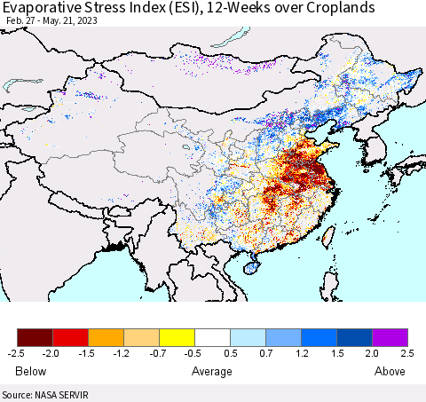 China, Mongolia and Taiwan Evaporative Stress Index (ESI), 12-Weeks over Croplands Thematic Map For 5/15/2023 - 5/21/2023