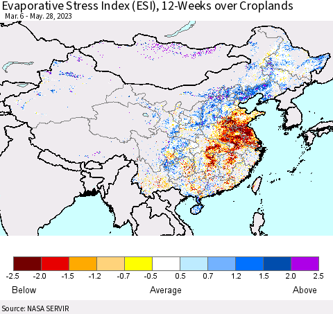 China, Mongolia and Taiwan Evaporative Stress Index (ESI), 12-Weeks over Croplands Thematic Map For 5/22/2023 - 5/28/2023