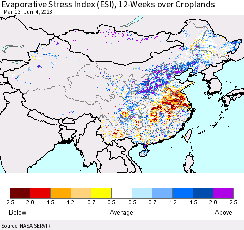 China, Mongolia and Taiwan Evaporative Stress Index (ESI), 12-Weeks over Croplands Thematic Map For 5/29/2023 - 6/4/2023