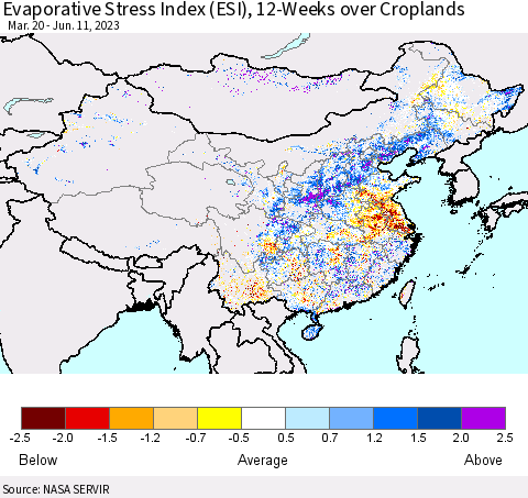 China, Mongolia and Taiwan Evaporative Stress Index (ESI), 12-Weeks over Croplands Thematic Map For 6/5/2023 - 6/11/2023