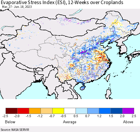 China, Mongolia and Taiwan Evaporative Stress Index (ESI), 12-Weeks over Croplands Thematic Map For 6/12/2023 - 6/18/2023