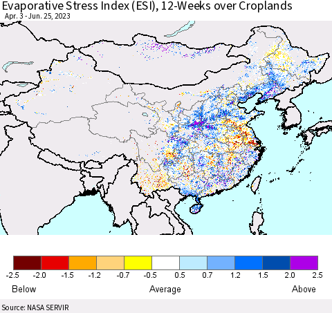 China, Mongolia and Taiwan Evaporative Stress Index (ESI), 12-Weeks over Croplands Thematic Map For 6/19/2023 - 6/25/2023