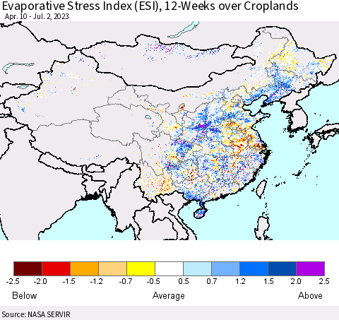 China, Mongolia and Taiwan Evaporative Stress Index (ESI), 12-Weeks over Croplands Thematic Map For 6/26/2023 - 7/2/2023